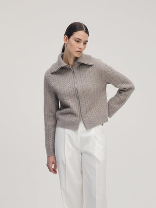 Cable Knit Double Zip-up _ Dusty Brown
