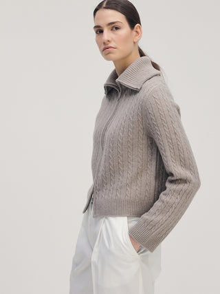 Cable Knit Double Zip-up _ Dusty Brown