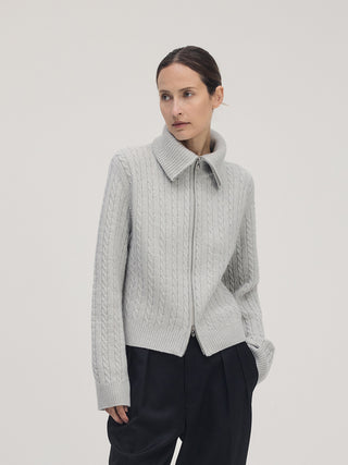 Cable Knit Double Zip-up _ Silver Melange