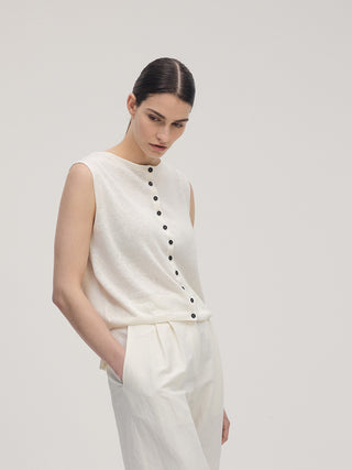 Sleeveless Linen Button Knit _ Off-white