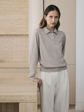 Classic Knit Polo LS _ Ash Beige