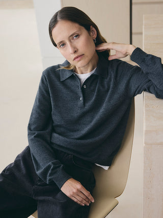 Classic Knit Polo LS _ Charcol Melange