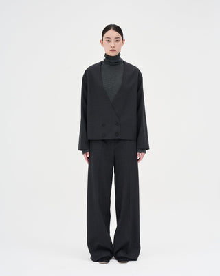 Collarless Wool Jacket _ Charcoal