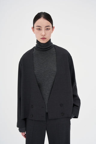 Collarless Wool Jacket _ Charcoal